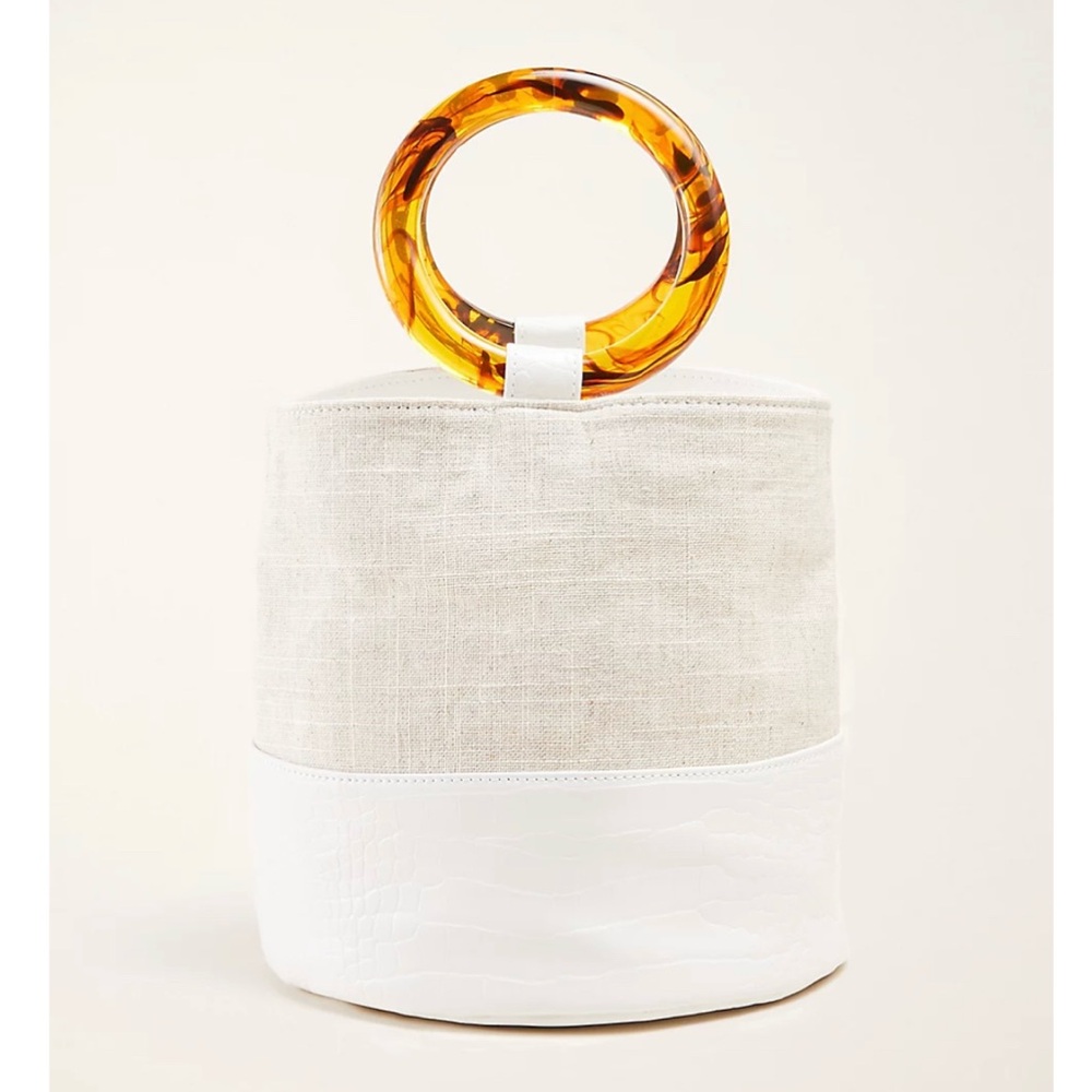 White and Tan Handbag with Tortoise Shell Handle